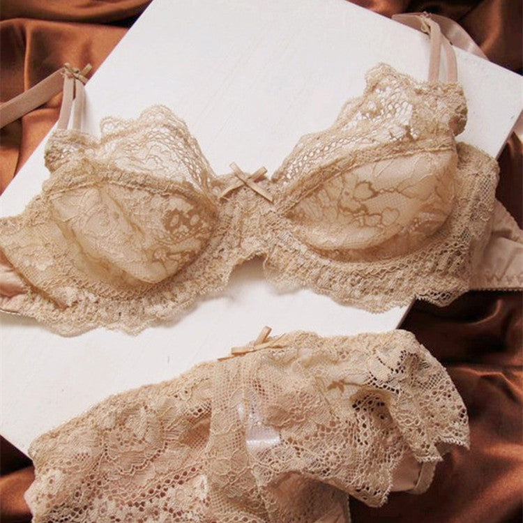 Ultra-thin nude lace bra and panty set with delicate floral pattern