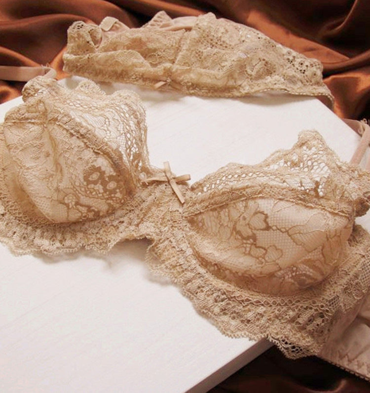 Nude lace bra close-up showing delicate floral lace detailing