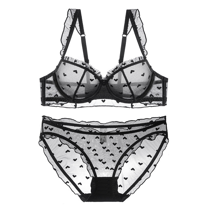 Sheer Heart Mesh Bra & Panty Set - Black
