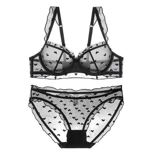 Sheer Heart Mesh Bra & Panty Set - Black