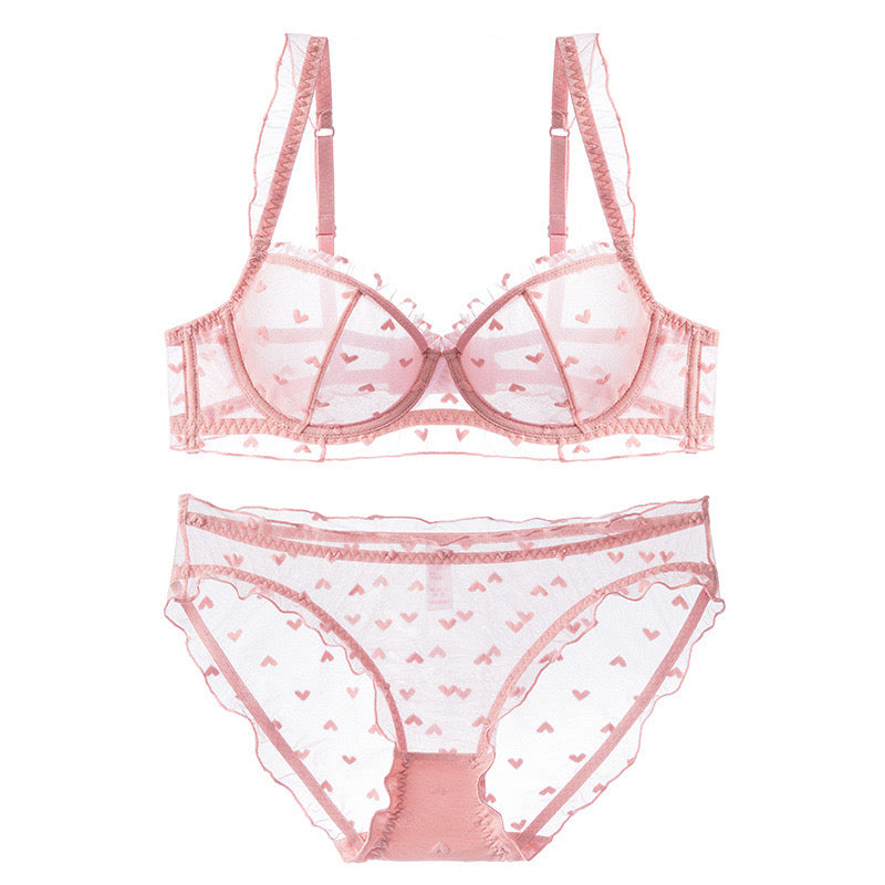 Sweetheart Mesh Bra & Panty Set – Pink Hearts