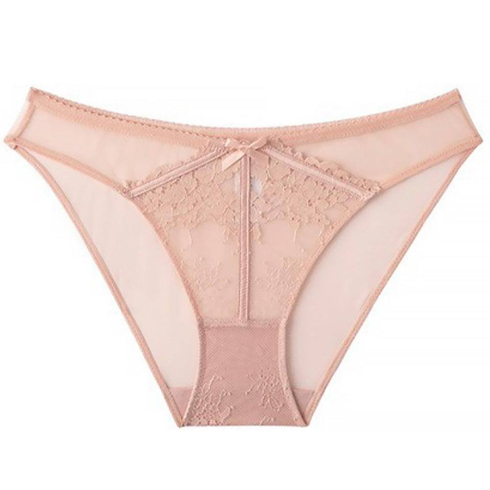 Pink lace embroidery mesh panty with bow detail - front view - Seriva Lingerie