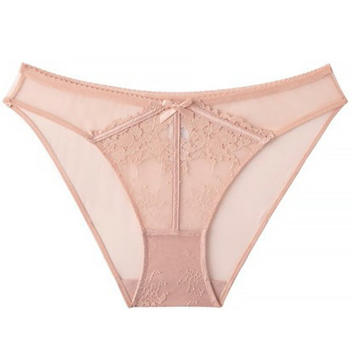 Pink lace embroidery mesh panty with bow detail - front view - Seriva Lingerie
